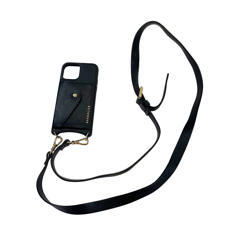 Bandolier Hailey Side Slot Crossbody iPhone Case 12 12 Pro Black Leather Gold